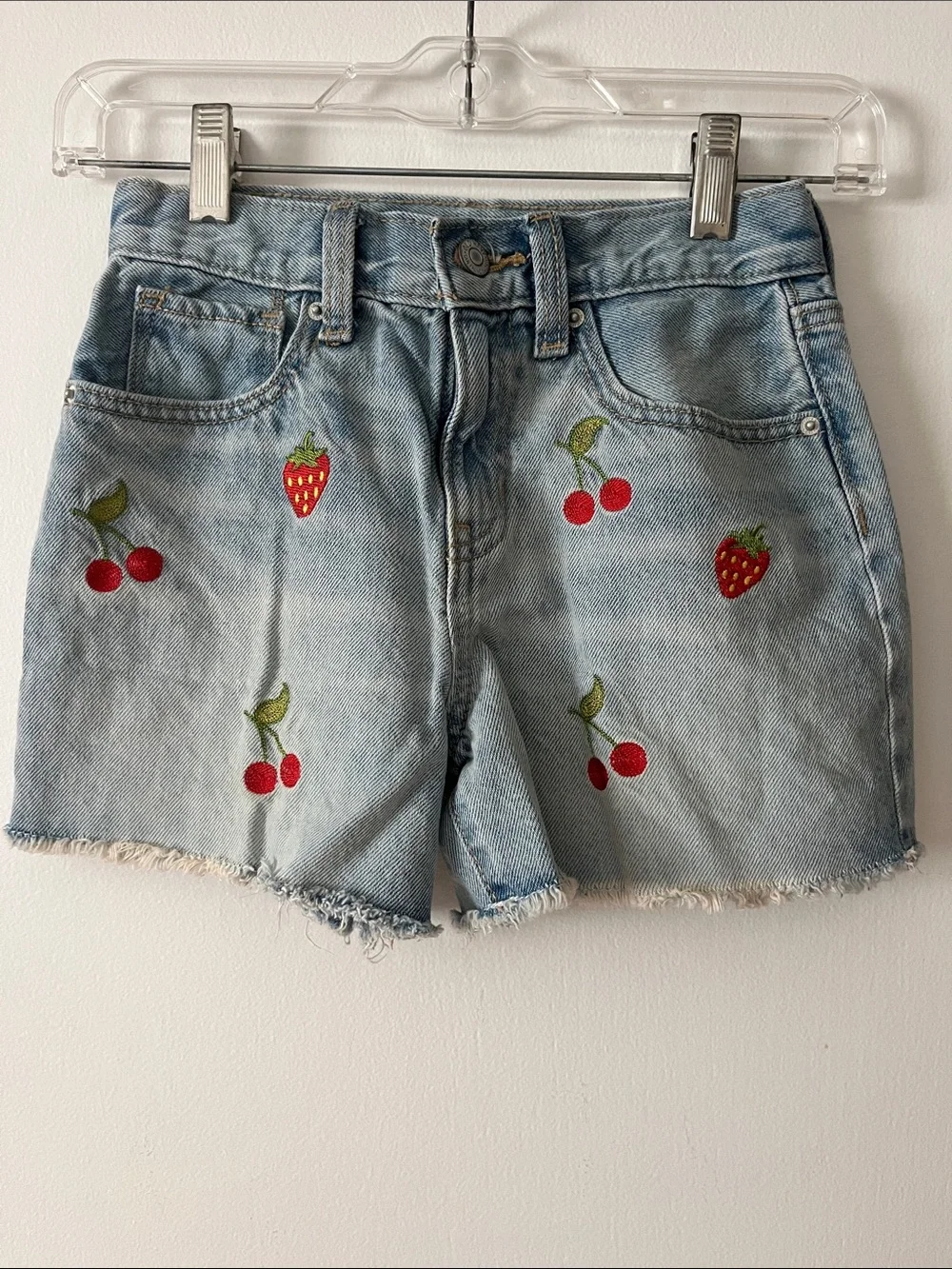 Old Navy Light Blue Denim Shorts with Red Fruit Embroidery